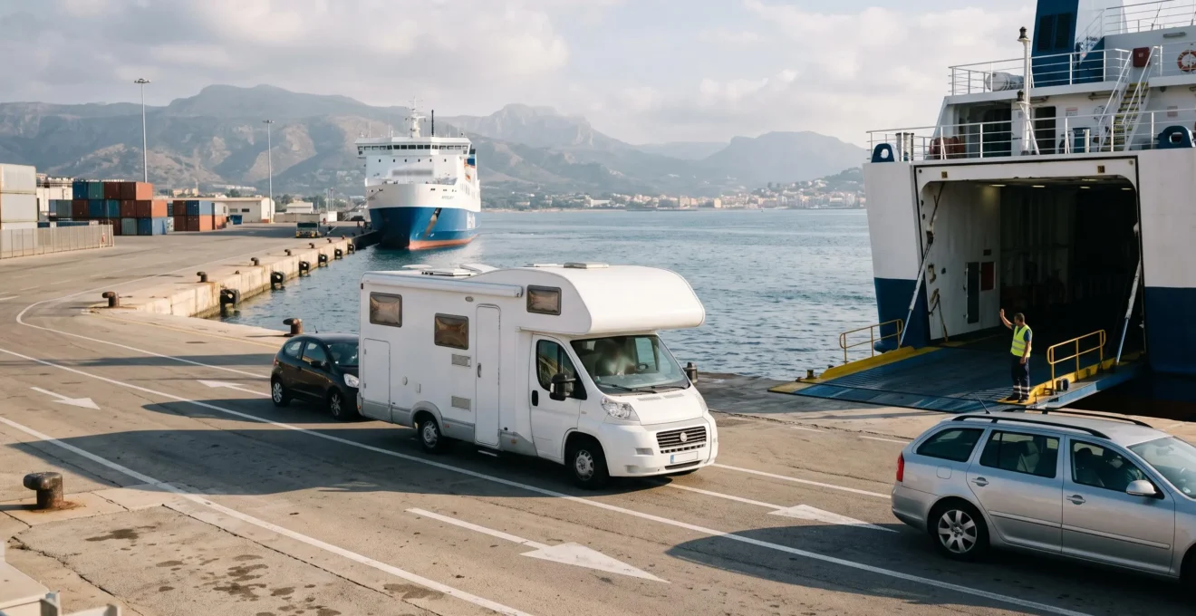 Ein Wohnmobil fährt über eine Laderampe auf eine Fähre in einem Mittelmeerhafen.