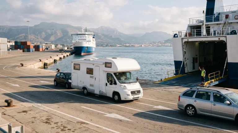 Ein Wohnmobil fährt über eine Laderampe auf eine Fähre in einem Mittelmeerhafen.