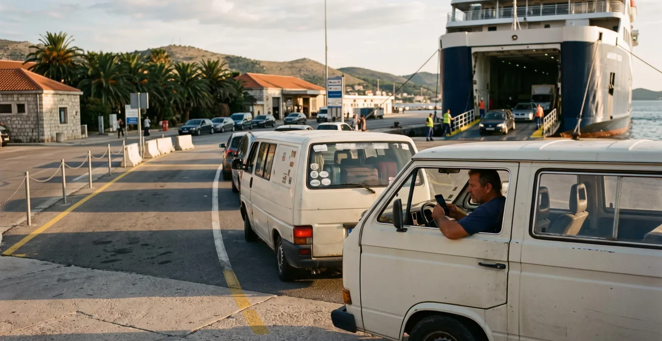 Ein Wohnmobil wartet in der Wartespur am Fährterminal, während im Hintergrund die Fähre an der Rampe liegt.